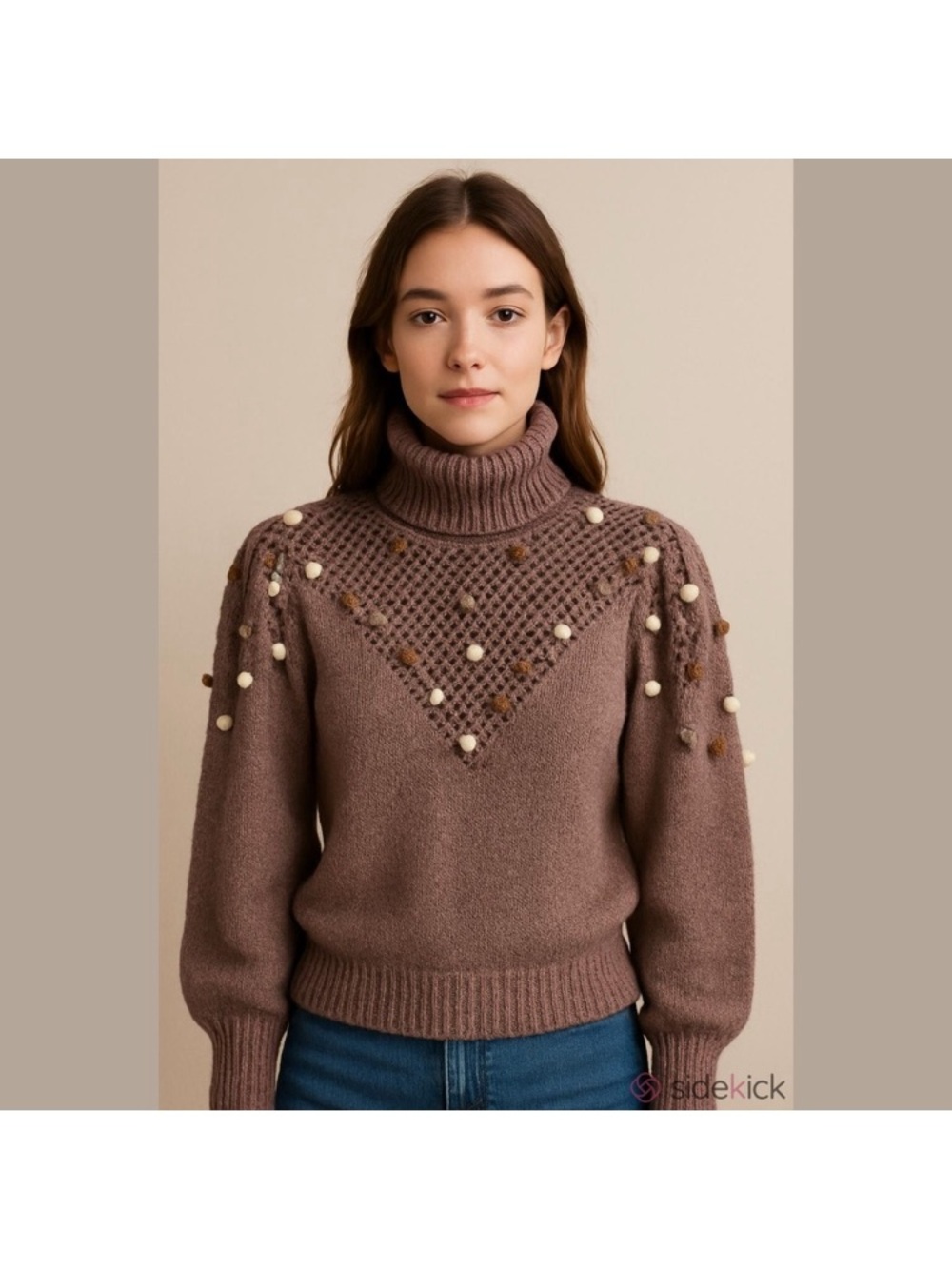 Vintage Designer Oscar Valentino Turtleneck Pom-Pom Detail Sweater